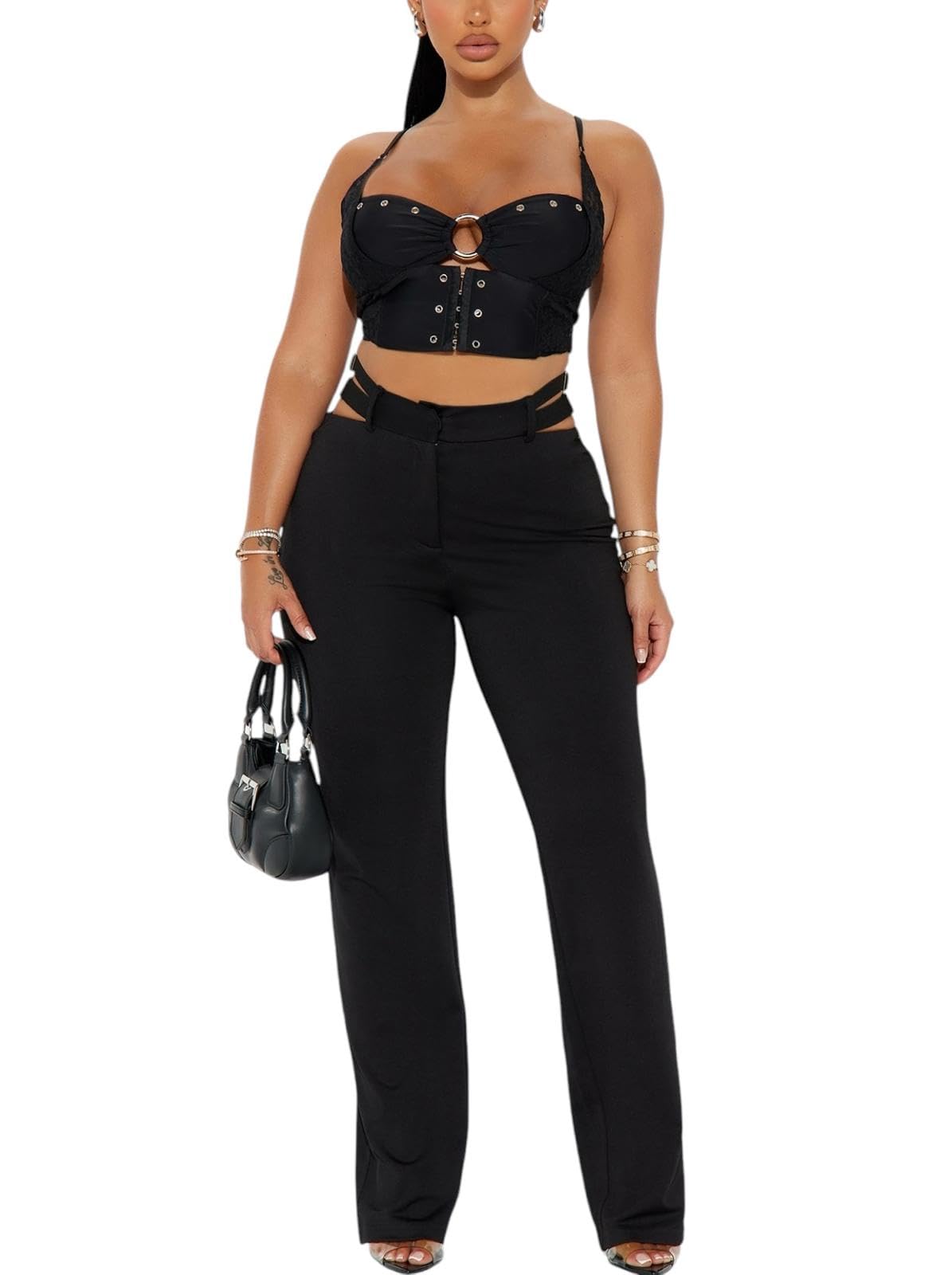 Womens High Waist Straight Leg Pants Black Cut-Out Detail