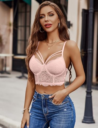 Image of Avidlove Lace Bralette for Women V Neck Camisoles Adjustable Strap Two Layer Crop Top Bustier Tops