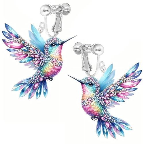 Hummingbird Earrings, Clip on Earrings for Women Non Pierced Screw Back Hypoallergenic 2D Acrylic Dangling Novelty Fun Blue Colorful Cute Humming Bird Drop Dangle Jewelry