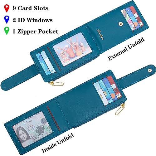 Image of Badiya Slim Women Wallet RFID Blocking Bifold Compact 9 Card Slots Holder Wallets Soft Leather with Zipper Coin Pocket 2 ID Window