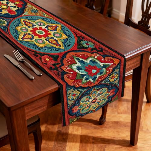 Image of Nuxovilar Multicolor Geometric Floral Flax Table Runner 13x72 in
