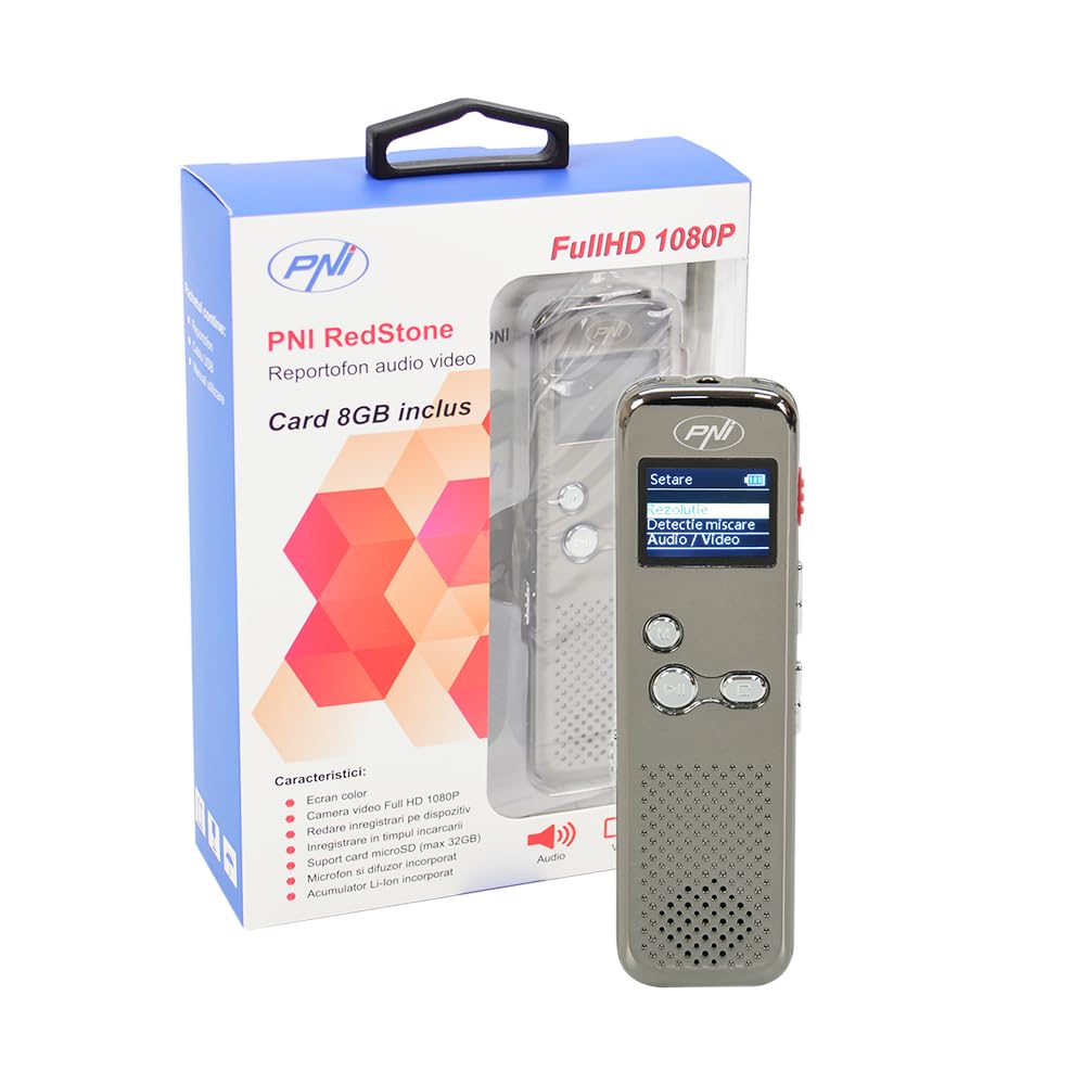 Registratore Vocale Digitale Portatile, PNI RedStone audio stereo, video 1080P, MP3 player, microSD card 8GB incluso, rilevamento del movimento