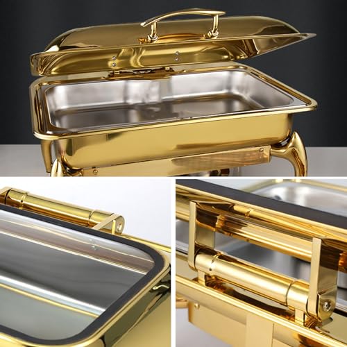 Serveur Buffet en Acier Inoxydable 10L - Ensemble De Vaisseau À Rembourrer Rectangulaire avec Couvercle en Verre, Poêle À Eau Et Support De Carburant pour Les Mariages, Banquets, Fêtes