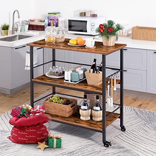 Industrial Kitchen Island with Storage and Hooks, 3 Tier Cart for Small Kitchens, Easy Assembly - Rustic Brown/Black