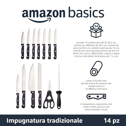 Amazon Basics Set di 14 coltelli con Ceppo, 14 Pezzi, Nero - immagine 3