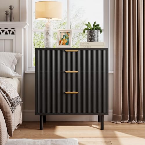 GarveeHome Black Fluted 3 Drawers Dresser, Wide Wood Chest of Drawers, Modern Storage Dresser Chest of Drawers Organizer with Metal Legs and Anti-Tipping Device for Bedroom Living Room