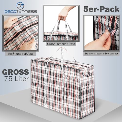 Wäschesack Groß 75L Im 5er-Set, Reißfeste Aufbewahrungstasche Mit Reißverschluss & Griffen Für Umzug, Kleidung, Bettwäsche, Reise Oder Aufbewahrung Zuhause (60 X 50 X 25 CM)