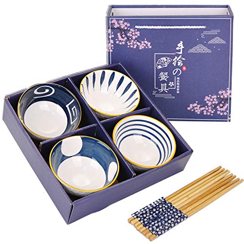 VanEnjoy Set of 4 Japanese Style Ceramic Rice Bowl with Chopsticks in Gift Box,Vintage Blue Hand Painted Pattern Bowls Set,Underglazed Dinnerware,For Dessert Snack Cereal Soup