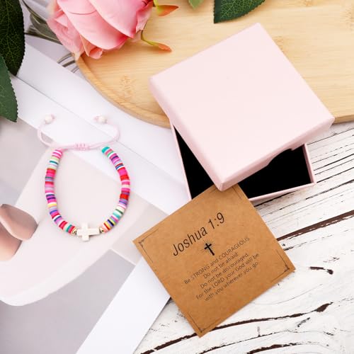 Cross Bracelet for Girls, Colorful Polymer Clay Christian Jesus Religious Confirmation Bracelet with Motivational Card First Holy Communion Gifts for Daughter Sister Teenage Girls4