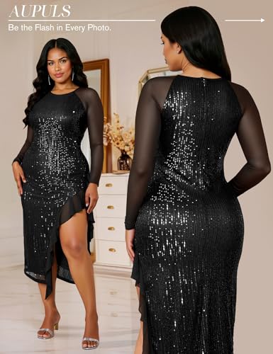 Aupuls Sparkly Homecoming Dress with Sleeves Women Sequin Formal Wedding Guest Dresses with Slit for Evening Party4