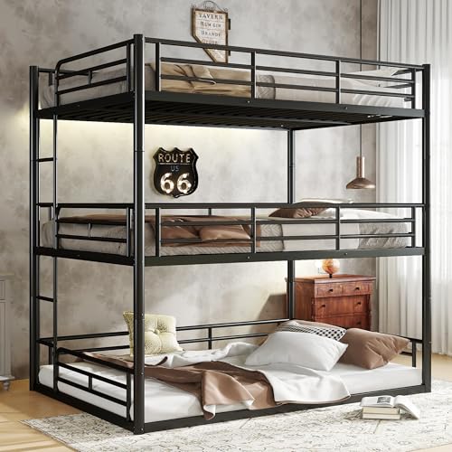 Image of Full Over Full Over Full Bunk Bed with Safety Guardrails, Modern Metal Triple Bed Frame for Kids, No Box Spring Required, Black