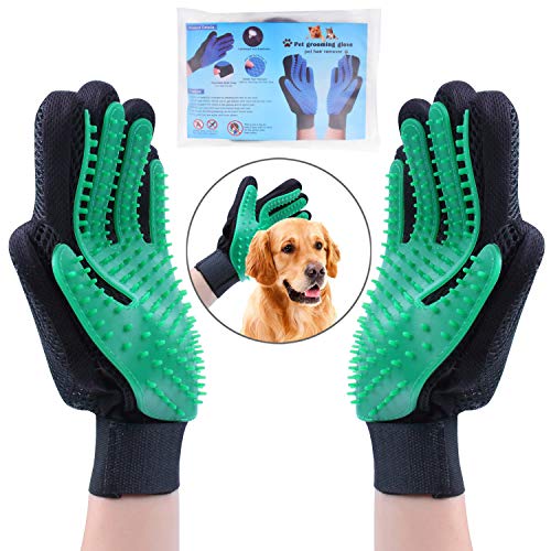 OWUDE Pet Grooming Glove - Gentle Hair Remover Mitt - Breathable Deshedding Massage Tool Bathing Brush - Enhanced Five Finger Design - Perfect for Dog & Cat with Long & Short Fur - 1 Pair (Green)