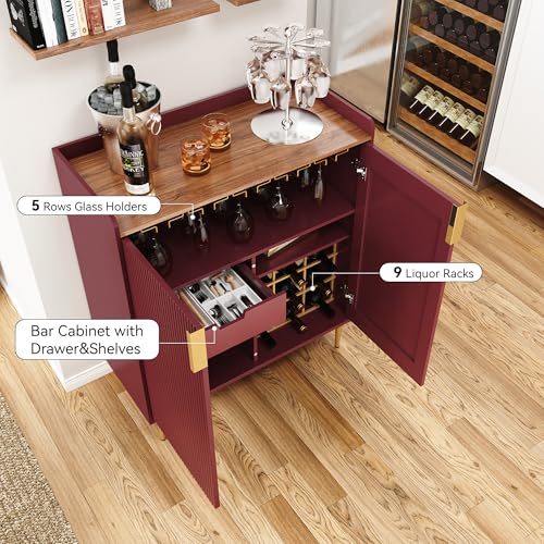 Image of ARTPOWER Coffee Bar Cabinet with Wine Rack&Glass Holder, Red
