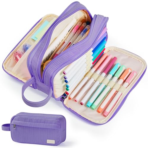Image of Sooez High Capacity Pencil Case, Soft Corduroy Pencil Pouch with 4 Compartments, Multiple Pockets, Large Pencil Bag with Sturdy Zipper, Cute Pencil Case Pouch Organizer for Student Teen Girls, Purple