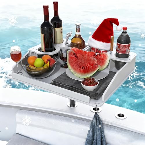 Spirrelab Utility Boat Bar Organizer Table with Rod Holder, Portable Detachable Marine Table with Cup Holders & Storage for Food, Drinks, and Fish Cleaning, Gift for Him, Boaters, Fishers, Outdoorsman