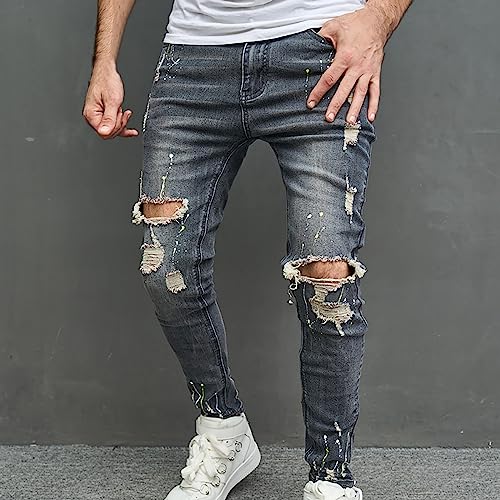 Jeans for Men Fashion Stretch Ripped Punk Style Pants Zipper Button Frayed Denim Pant with Pocket Going Out Work Jeans2