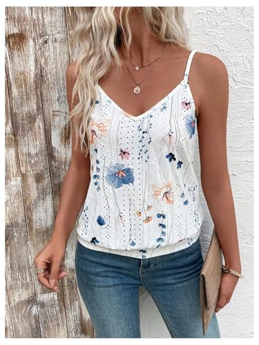 SweatyRocks Women's V Neck Floral Print Cami Tank Top Summer Casual Eyelet Sleeveless Cami Shirts2