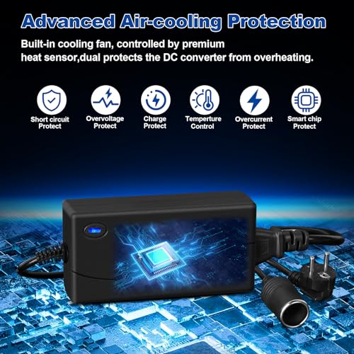 Spannungswandler 230V auf 12V, KFZ Netzadapter 5A 60W, Adapter Zigarettenanzünder Steckdose, AC auf DC Adapter 12V auf 230V, für Auto-Staubsauger, Kompressoren, Kühlbox