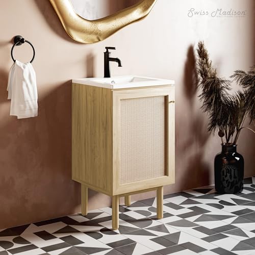 Image of Swiss Madison Classe 18 inch Freestanding Bathroom Vanity in Natural Oak with Sink Top