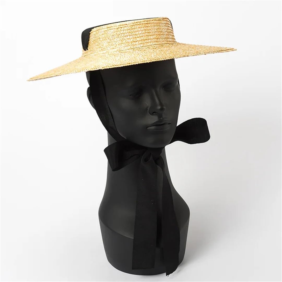 Wide Brim Flat Hat 10Cm 15Cm Brim Straw Hat Flat Top Women's Summer Hat Black Ribbon Sun Hat Beach Hat