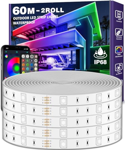 LETIANPAI 60m/200ft Outdoor LED Strip Lights Waterproof IP68 Outsideled strips wasserdicht with App and Remote Music Sync RGB Exterior Led Rope Lights with Self Adhesive Back