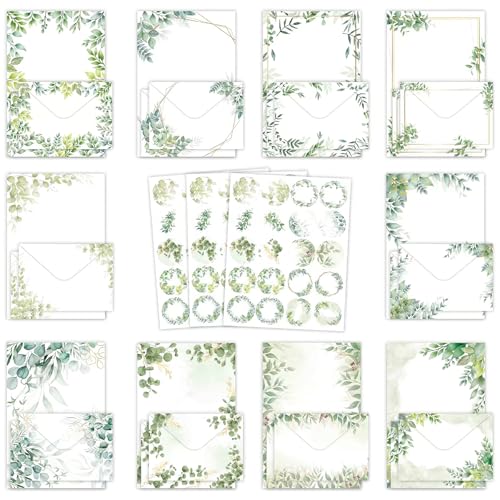 RAORAOYUE 160 Pcs Eucalyptus Stationery Paper Set, 50 Stationary Paper 50 Envelopes 60 Round Dot Sticker