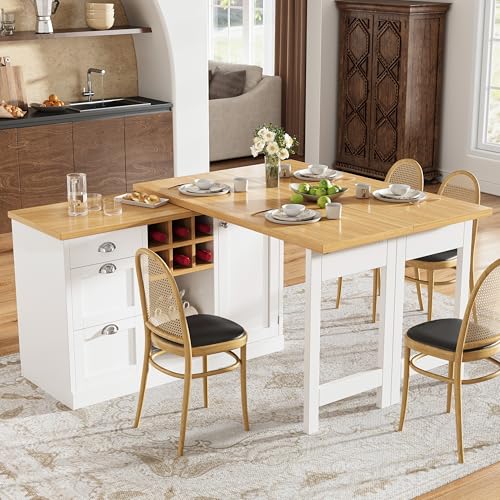 Merax Mesa de bar extensible con espacio de almacenamiento, mesa alta giratoria de 360°, mesa de cocina independiente, diseño plegable, con estante para botellas de vino, compartimento abierto