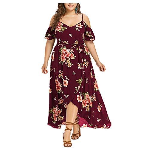 UOFOCO Party Dress Plus Size Long Dress Women Casual Short Sleeve Cold Shoulder Boho Flower Print (Wine, XX-Large)