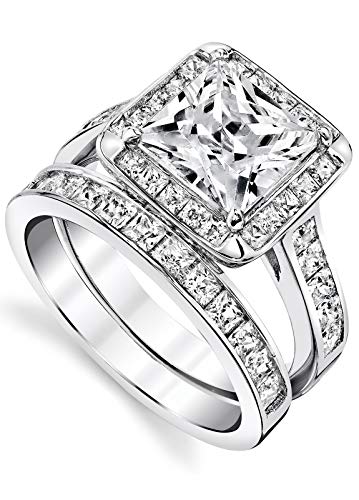 Metal Masters Co. Women's Sterling Silver 925 Bridal Set Engagement Rings 2.5 Carat Princess Cut Cubic Zirconia 5-92