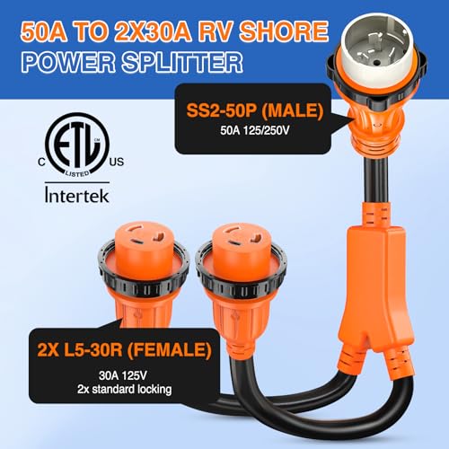 Image of Nilight 50 Amp to 30 Amp Marine Shore Power Adapter NEMA SS2-50P to 2 x L5-30R RV Y Splitter Cord w /Locking Rings Pure Copper Heavy Duty Cable ETL Listed for RVs Boat Yacht Camper Outdoor Use