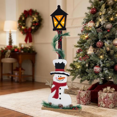 Image of Glitzhome 36.75 inch H Lighted Christmas Snowman Porch Sign,Whimsical Wooden Porch Decor with Illuminated Street Lamp & Timer,Merry Christmas Sign for Holiday Front Porch Outdoor Decorations