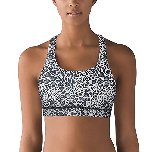 Women Racerback Crop Top Bra Leopard Cheetah Print Black Gray Medium Gym Sports Bras with Removable Cups