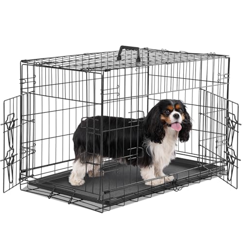 Sweetcrispy Medium Dog Crate with Divider Panel, 30 Inch Double Door Folding Metal Wire Dog Cage with Plastic Leak-Proof Pan Tray, Pet Kennel for Indoor, Outdoor, Travel
