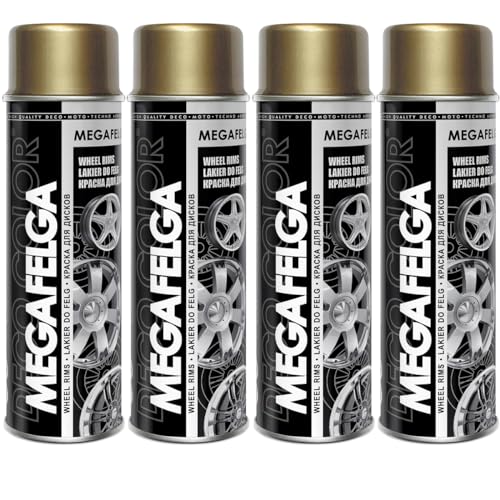 DECO COLOR 4er Sparpack MEGAFELGA GOLD SEIDENMATT in 500ml - Felgenlack - Lackspray für Alufelgen und Stahlfelgen (4 Dosen 500ml Felgenlack Gold)