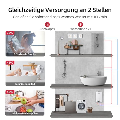 MIZUDO Warmwasserbereiter Butangas LPG, Energieeffizienzklasse A, Low NOx, Propan Heizungen 10L Atmosphärisch, Niedriger Emissionsbrenner, 32,8 x 21,35 x 55 cm