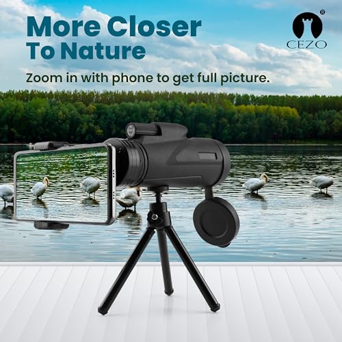 Image of Cezo 12x50 Monocular for Adults Kids,HD Monocular Scope for Gifts Monocular Telescope for Smartphone Watching Birds Hiking,Concert,Travelling- Black