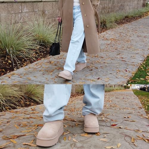 Women's Platform Mini Boots, Fur Boots Classic Ultra Mini Booties Comfortable Anti-Slip Lightweight Winter Snow Boots (Brown/Sand/Black, US Women Size 5-9)2