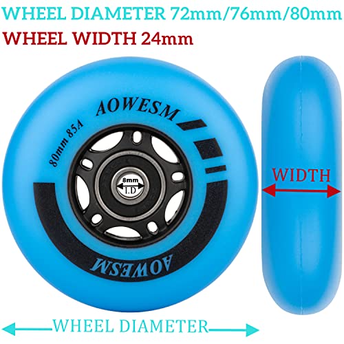 AOWESM Inline Skate Wheels 80mm 76mm 72mm 85a Outdoor Indoor Black Blue Red Roller Hockey Blades Replacement Wheels w/Bearings ABEC-9 and Floating Spacers (4-Pack) (Blue, 76mm) - Thumbnail 2
