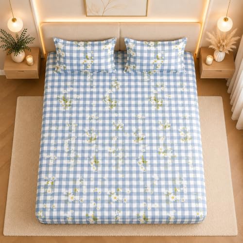 Image of THE HOME STYLE Supersoft Glace Cotton Elastic Fitted All Around King Size Printed Double Bedsheet with 2 Pillow Cover & King Size Comforter /Duvet /Blanket (72 inchx78 inch + Comforter, Daisy Check)