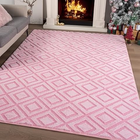 ST. BRIDGE Soft Pink Rugs for Bedroom 5.3x7.5 Feet, Geometric Memory Foam Rugs for Living Room, Fluffy Checkered Shaggy Area Rug for Girls Kids Dorm Room, Non-Slip Washable Modern Indoor Carpet Cover