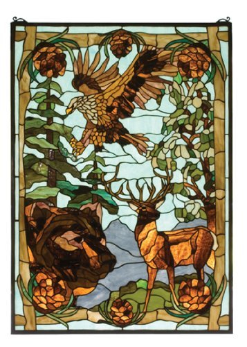 Meyda Tiffany 77732 Animals/Insects Window from Wilderness Collection in Lt Blue Amber Beige Green Finish, 25.00 inches, 25
