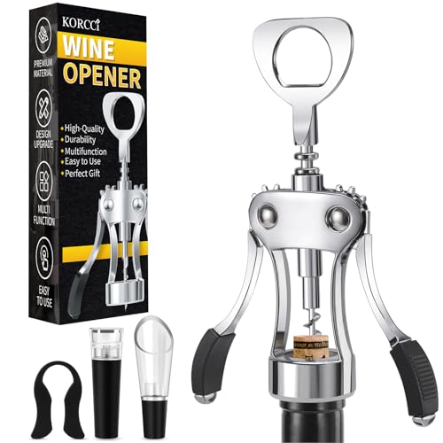 Image of KORCCI Multifunctional Wine Bottle Opener Gift Set - Heavy-Duty Zinc Alloy Wing Corkscrew, Foil Cutter, Vacuum Stopper & Aerator Pourer for Kitchen, Bar, Restaurant, Bartenders