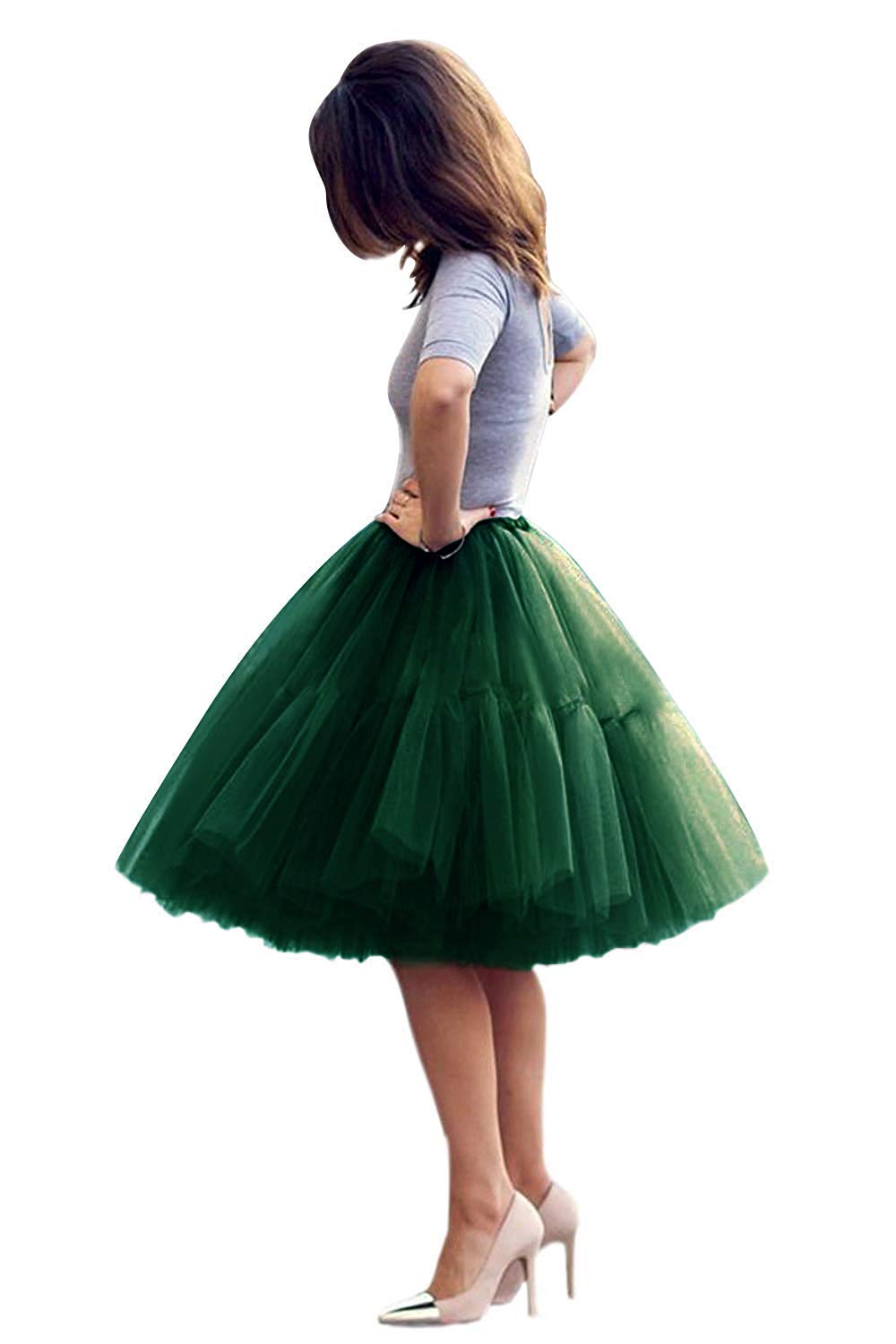 U-Swear Women's Green Tulle Skirt, Midi Tulle Tutu Skirt Fluffy Princess Five Layers A Line Party Prom Underskirt, Dark S-M