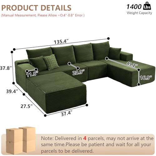 Image of 135.4 inchModular Sectional Sofa, Boneless Couch U-Shaped Sofa for Living Room | Cloud Couch Sectional with Ottoman, 4 Seater Deep Seat Memory Foam Compressed Sofa, No Assembly, Right-Facing Chaise, Green
