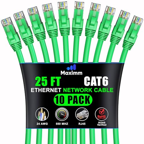 Maximm Paquete de 10 cables Ethernet Cat 6 de 25 pies, cable LAN de alta velocidad, cable de Internet, cable de conexión y cable de red, UTP, 10 Gbps, cable Ethernet de 550 MHz, color verde