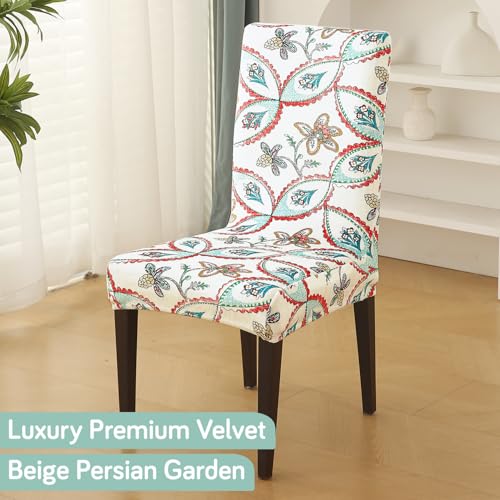 Image of HOKIPO Premium Printed Velvet Chair Cover Set of 4 for Dining Table, Beige Persian Garden (AR-5794-D9*4)