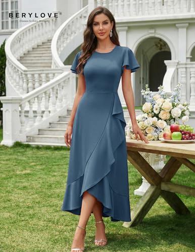 Image of BeryLove Women Formal Party Dress Flutter Short Sleeve Wedding Cocktail Long Evening Dress