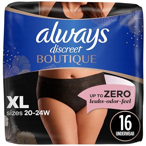 Image of Always Discreet Boutique Incontinence and Postpartum Underwear for Women, Maximum Protection, XL, Black, 16 Count