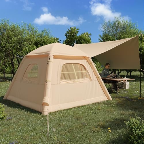 YOLENY 2-4 Persons Inflatable Camping Tent with Pump & Extended Canopy, Easy Set-up, Oxford Portable Free-Standing Family Cabin Tent for Hiking