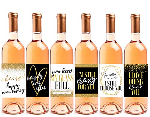 6 Wedding Anniversary Wine Label Stickers for 20th, 25th, 30th, 40th, 50th, 60th Gift Ideas - Perfect Anniversary Basket or Party Decorations and Supplies - Romantic Anniversary Present